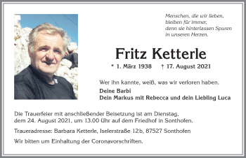 Traueranzeige von Fritz Ketterle von Allgäuer Anzeigeblatt