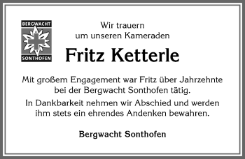 Traueranzeige von Fritz Ketterle von Allgäuer Anzeigeblatt