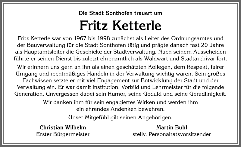  Traueranzeige für Fritz Ketterle vom 21.08.2021 aus Allgäuer Anzeigeblatt