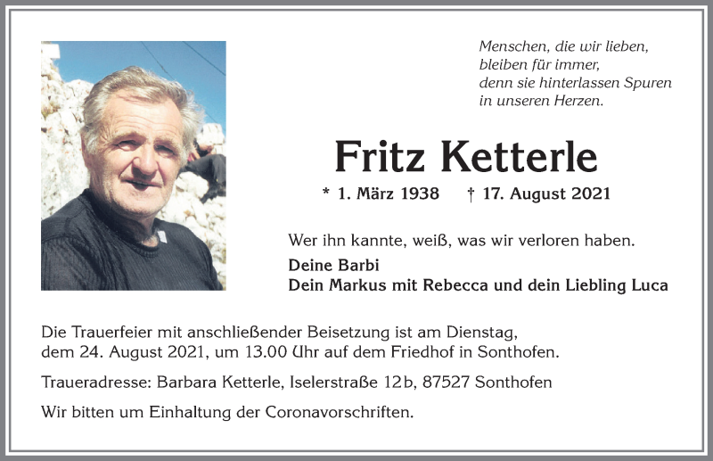  Traueranzeige für Fritz Ketterle vom 21.08.2021 aus Allgäuer Anzeigeblatt
