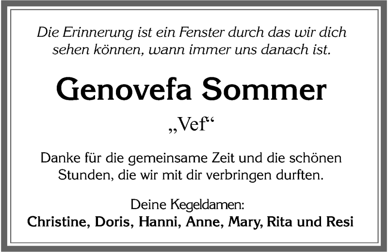  Traueranzeige für Genovefa Sommer vom 07.08.2021 aus Allgäuer Zeitung, Füssen