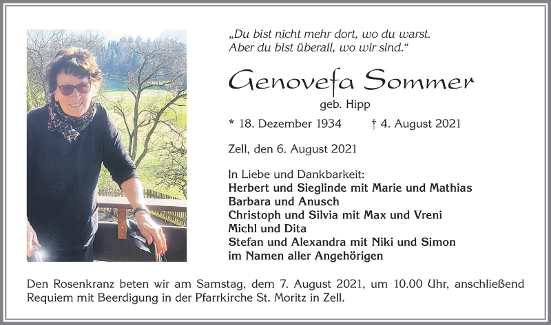  Traueranzeige für Genovefa Sommer vom 06.08.2021 aus Allgäuer Zeitung, Füssen