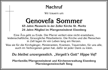 Traueranzeige von Genovefa Sommer von Allgäuer Zeitung, Füssen