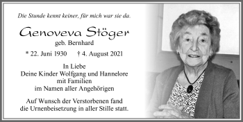 Traueranzeige von Genoveva Stöger von Allgäuer Zeitung, Füssen