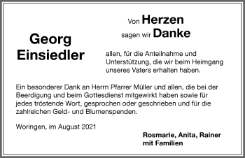 Traueranzeige von Georg Einsiedler von Memminger Zeitung