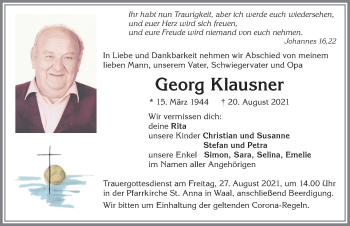 Traueranzeige von Georg Klausner von Allgäuer Zeitung, Kaufbeuren/Buchloe