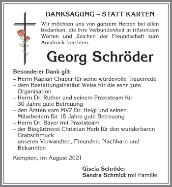Traueranzeige von Georg Schröder von Allgäuer Zeitung,Kempten