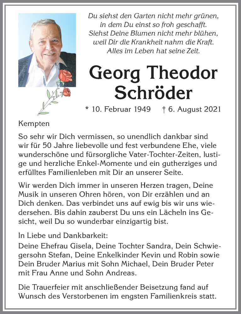  Traueranzeige für Georg Theodor Schröder vom 18.08.2021 aus Allgäuer Zeitung,Kempten