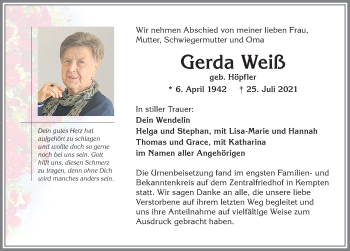 Traueranzeige von Gerda Weiß von Allgäuer Zeitung,Kempten