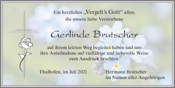 Traueranzeige von Gerlinde Brutscher von Allgäuer Zeitung, Marktoberdorf