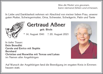Traueranzeige von Gertraud Aßner von Allgäuer Zeitung, Kaufbeuren/Buchloe