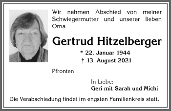 Traueranzeige von Gertrud Hitzelberger von Allgäuer Zeitung, Füssen