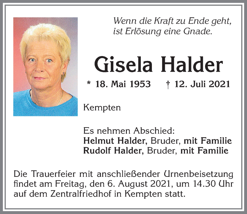  Traueranzeige für Gisela Halder vom 02.08.2021 aus Allgäuer Zeitung,Kempten