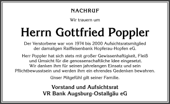 Traueranzeige von Gottfried Poppler von Allgäuer Zeitung, Füssen