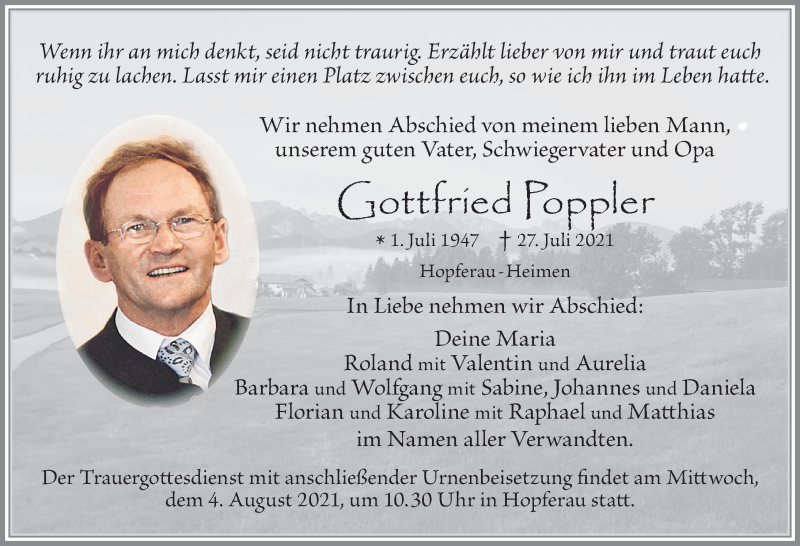  Traueranzeige für Gottfried Poppler vom 03.08.2021 aus Allgäuer Zeitung, Füssen