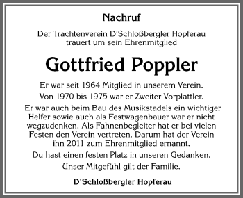 Traueranzeige von Gottfried Poppler von Allgäuer Zeitung, Füssen