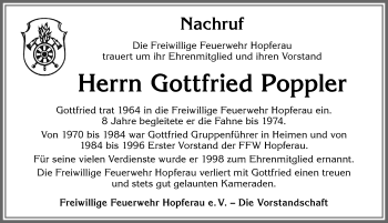 Traueranzeige von Gottfried Poppler von Allgäuer Zeitung, Füssen