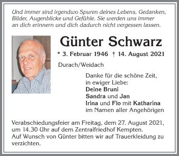 Traueranzeige von Günter Schwarz von Allgäuer Zeitung,Kempten