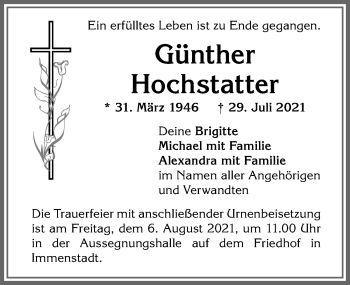 Traueranzeige von Günther Hochstatter von Allgäuer Anzeigeblatt