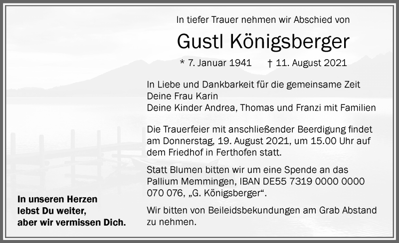  Traueranzeige für Gustl Königsberger vom 17.08.2021 aus Memminger Zeitung