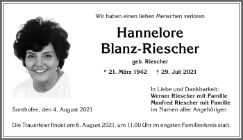 Traueranzeige von Hannelore Blanz-Riescher von Allgäuer Anzeigeblatt