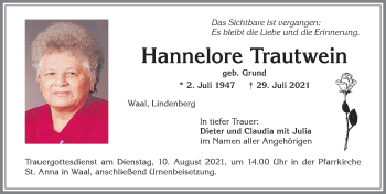 Traueranzeige von Hannelore Trautwein von Allgäuer Zeitung, Kaufbeuren/Buchloe