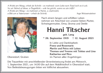 Traueranzeige von Hanni Titscher von Allgäuer Anzeigeblatt