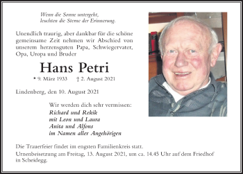 Traueranzeige von Hans Petri von Der Westallgäuer