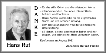 Traueranzeige von Hans Ruf von Allgäuer Zeitung, Kaufbeuren/Buchloe