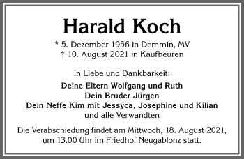 Traueranzeige von Harald Koch von Allgäuer Zeitung, Kaufbeuren/Buchloe