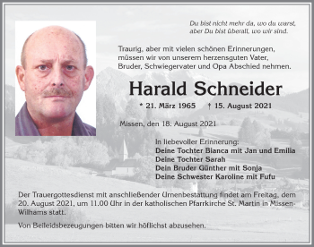 Traueranzeige von Harald Schneider von Allgäuer Anzeigeblatt