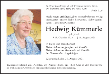 Traueranzeige von Hedwig Kümmerle von Der Westallgäuer