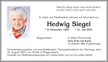 Traueranzeige von Hedwig Siegel von Allgäuer Zeitung,Kempten