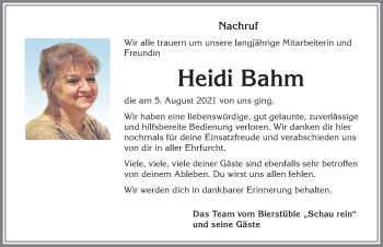 Traueranzeige von Heidi Bahm von Allgäuer Zeitung, Kaufbeuren/Buchloe