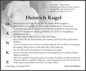 Traueranzeige von Heinrich Kugel von Der Westallgäuer