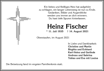 Traueranzeige von Heinz Fischer von Allgäuer Anzeigeblatt