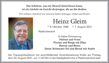 Traueranzeige von Heinz Gleim von Allgäuer Zeitung, Marktoberdorf
