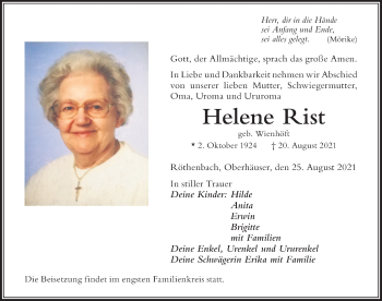 Traueranzeige von Helene Rist von Der Westallgäuer