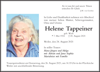 Traueranzeige von Helene Tappeiner von Der Westallgäuer