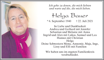 Traueranzeige von Helga Bauer von Allgäuer Zeitung, Füssen