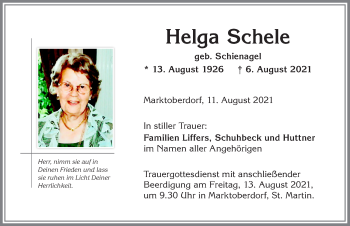 Traueranzeige von Helga Schele von Allgäuer Zeitung, Marktoberdorf