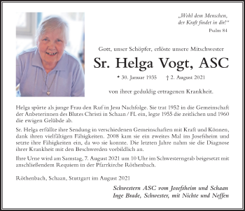 Traueranzeige von Helga Vogt von Der Westallgäuer