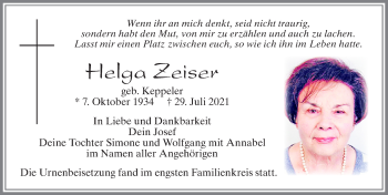 Traueranzeige von Helga Zeiser von Allgäuer Zeitung, Kaufbeuren/Buchloe