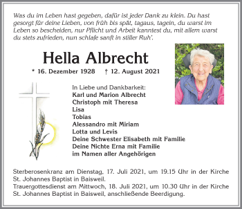 Traueranzeige von Hella Albrecht von Allgäuer Zeitung, Kaufbeuren/Buchloe