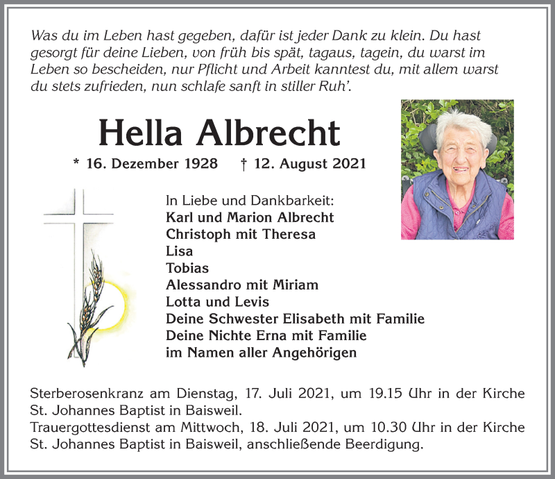  Traueranzeige für Hella Albrecht vom 14.08.2021 aus Allgäuer Zeitung, Kaufbeuren/Buchloe