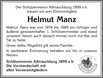 Traueranzeige von Helmut Manz von Allgäuer Zeitung,Kempten