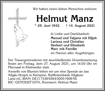 Traueranzeige von Helmut Manz von Allgäuer Zeitung,Kempten