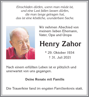 Traueranzeige von Henry Zahor von Allgäuer Zeitung,Kempten
