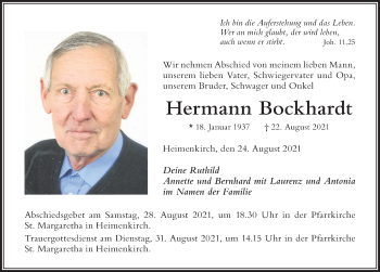Traueranzeige von Hermann Bockhardt von Der Westallgäuer