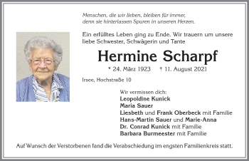 Traueranzeige von Hermine Scharpf von Allgäuer Zeitung, Kaufbeuren/Buchloe